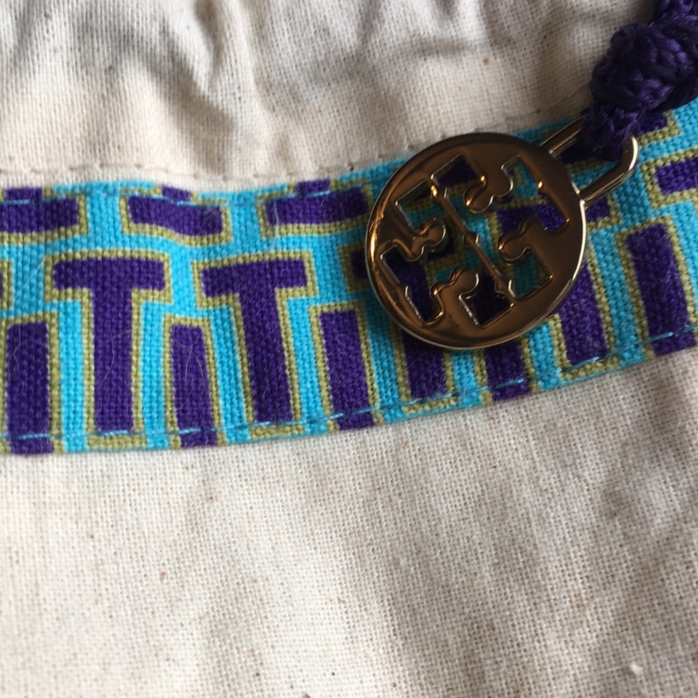 Tory Burch Canvas Tote Detail with Logo Medallion - Purple & Teal Trim